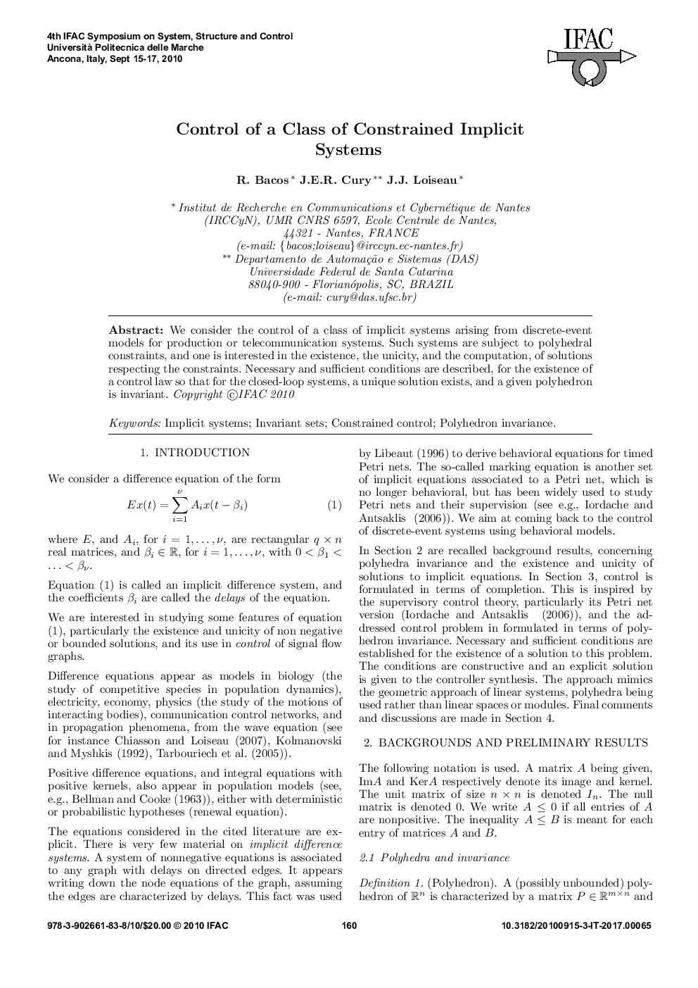 Control of a Class of Constrained Implicit Systems
