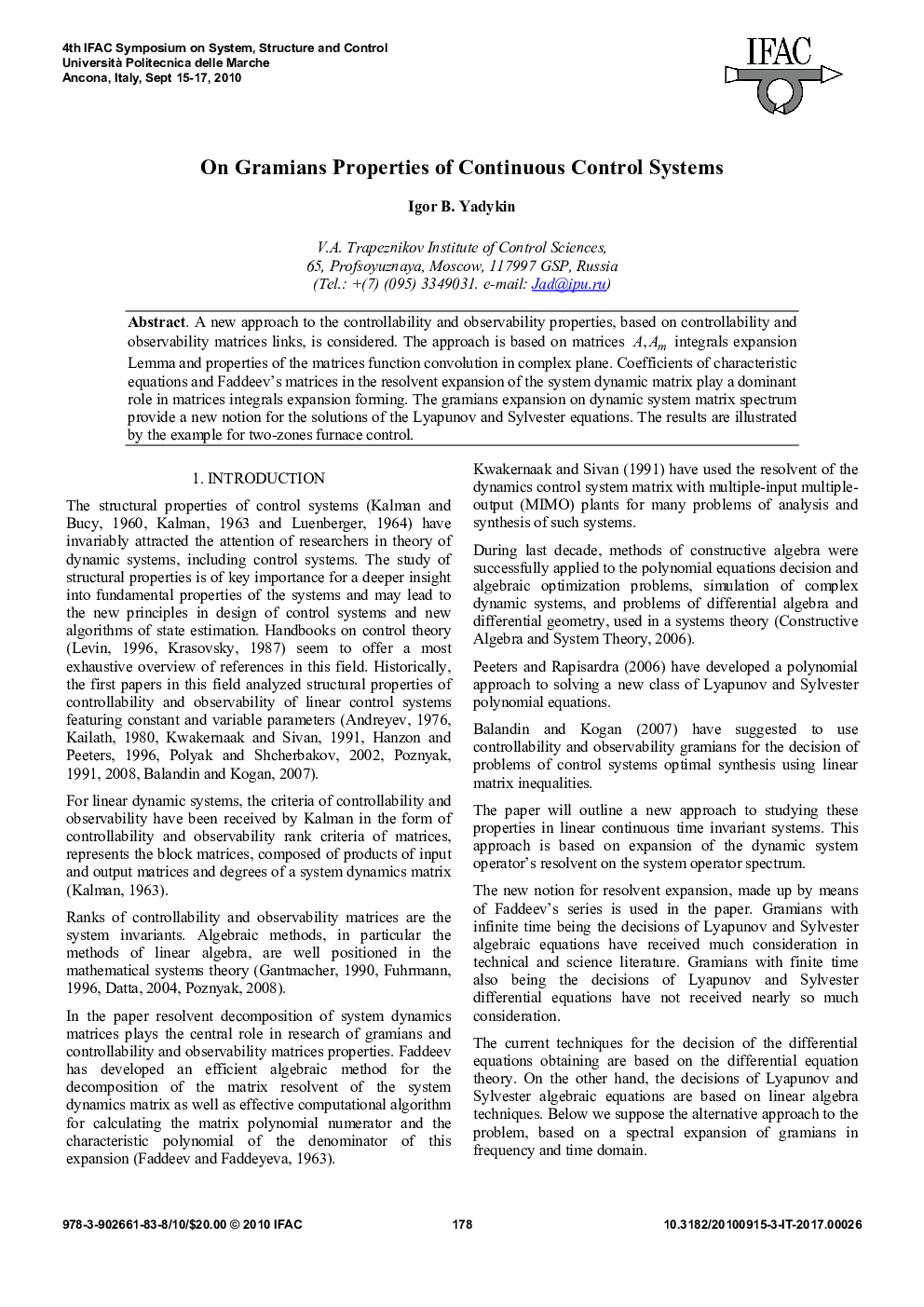 عکس صفحه اول مقاله: On Gramians Properties of Continuous Control Systems On Gramians Properties of Continuous Control Systems