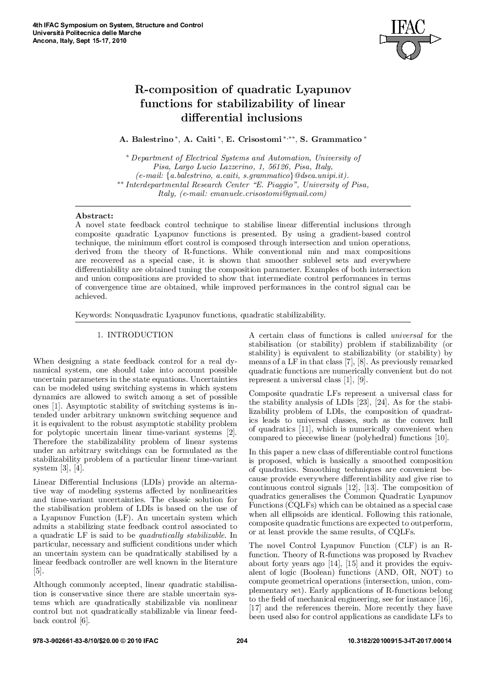 عکس صفحه اول مقاله: R-composition of quadratic Lyapunov functions for stabilizability of linear differential inclusions R-composition of quadratic Lyapunov functions for stabilizability of linear differential inclusions