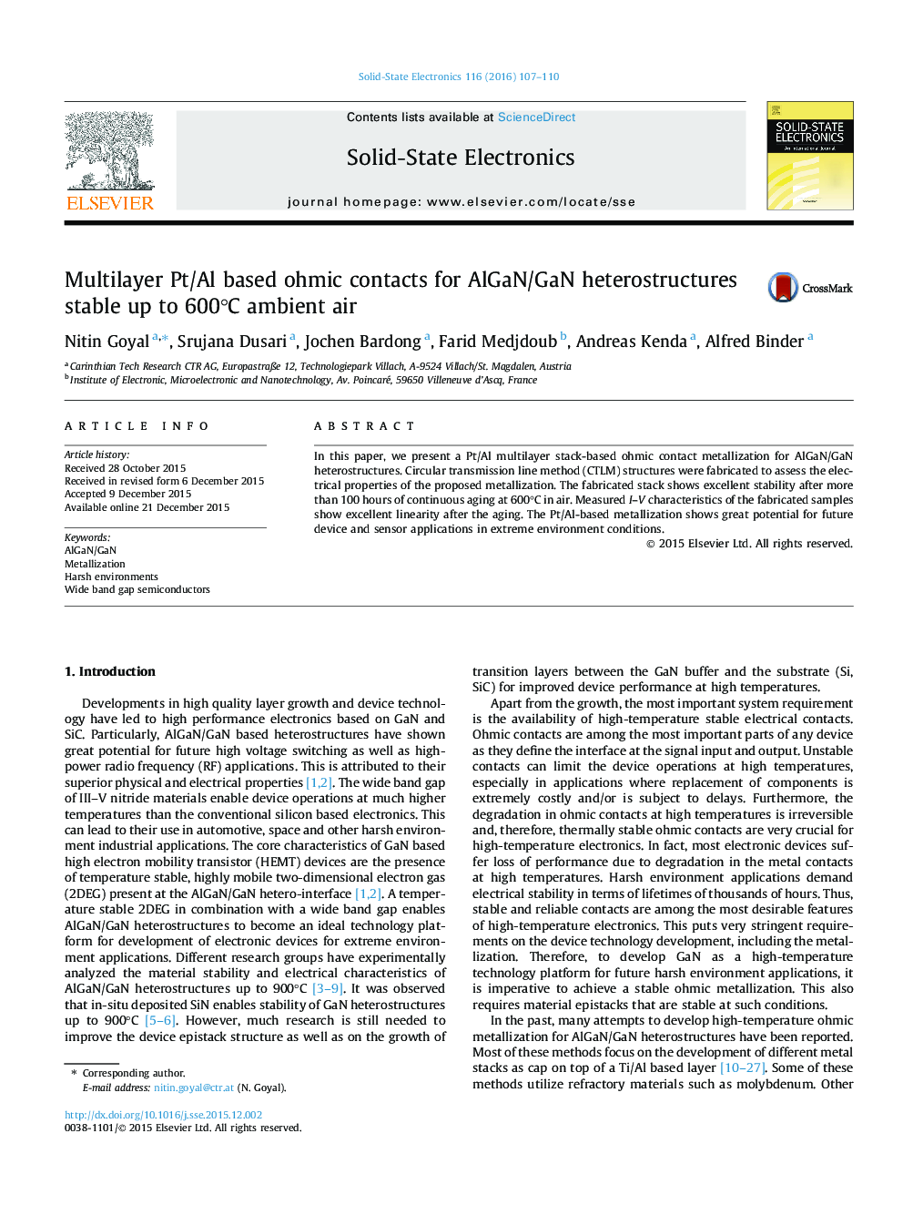 Multilayer Pt/Al based ohmic contacts for AlGaN/GaN heterostructures stable up to 600Â°C ambient air