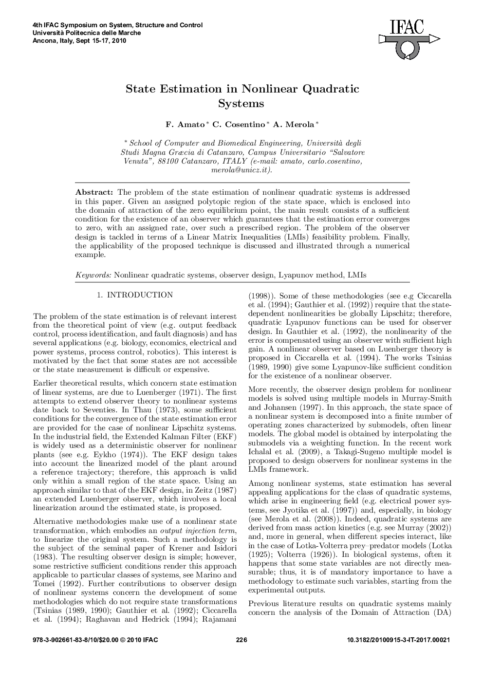 عکس صفحه اول مقاله: State Estimation in Nonlinear Quadratic Systems State Estimation in Nonlinear Quadratic Systems