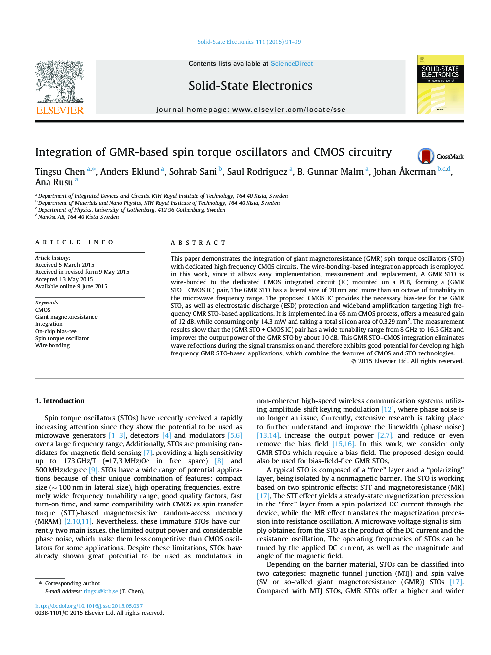 Integration of GMR-based spin torque oscillators and CMOS circuitry