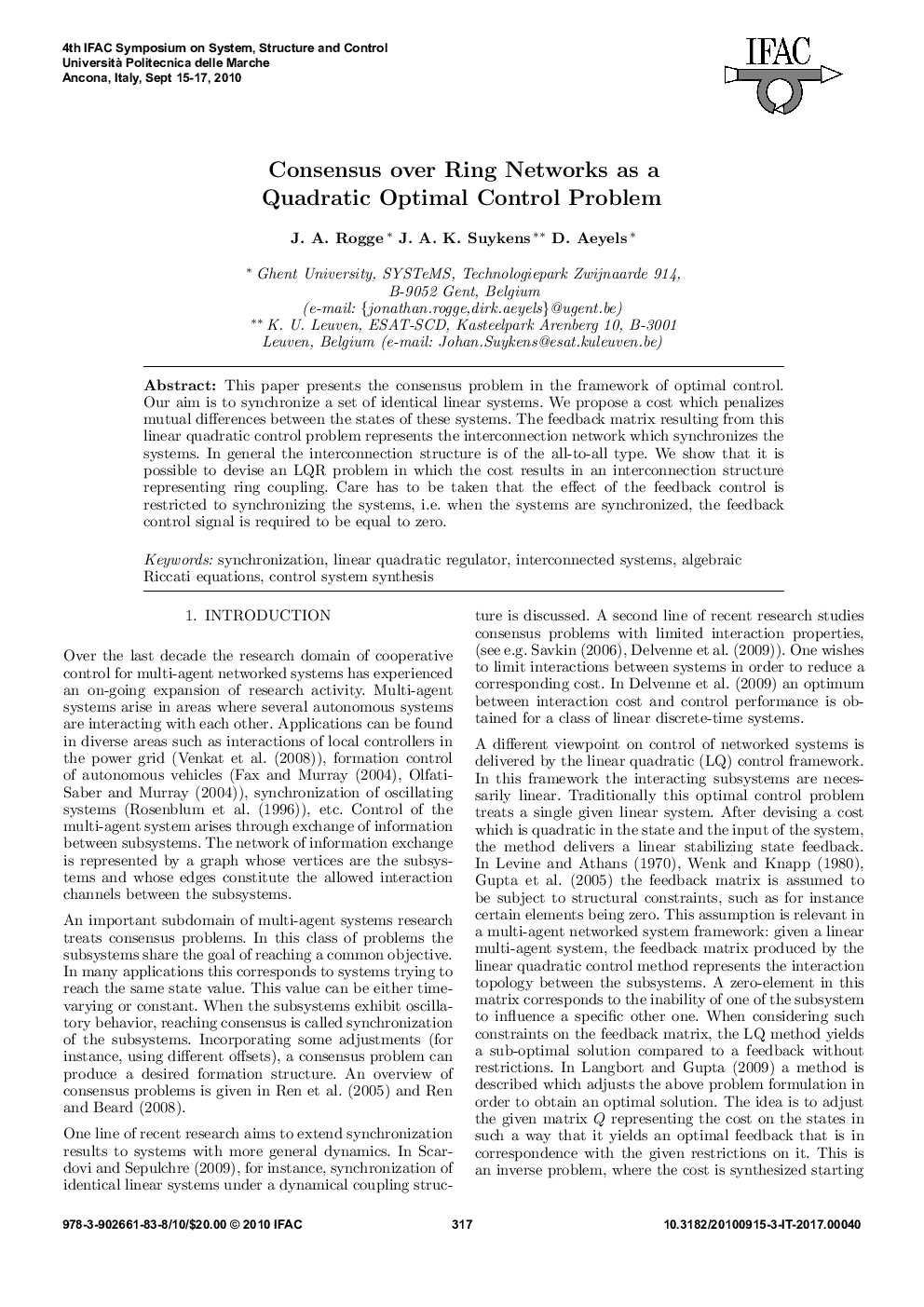 عکس صفحه اول مقاله: Consensus over Ring Networks as a Quadratic Optimal Control Problem Consensus over Ring Networks as a Quadratic Optimal Control Problem