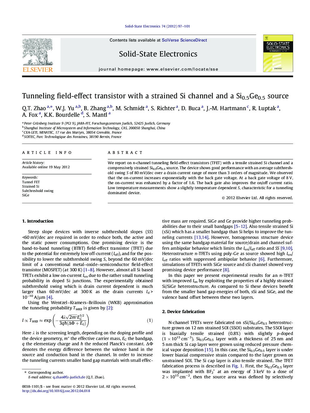 Tunneling field-effect transistor with a strained Si channel and a Si0.5Ge0.5 source