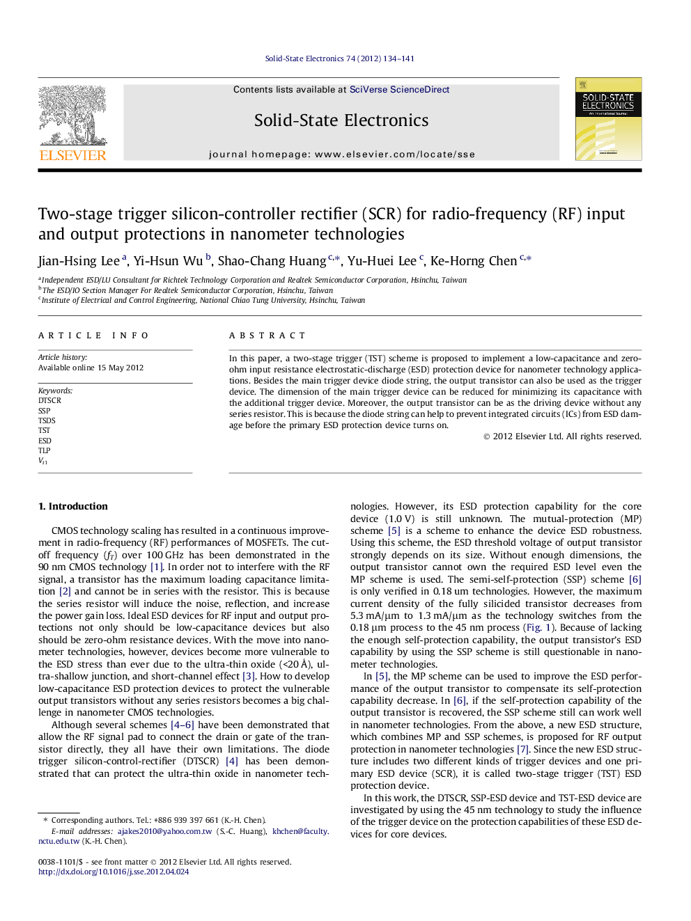 Two-stage trigger silicon-controller rectifier (SCR) for radio-frequency (RF) input and output protections in nanometer technologies