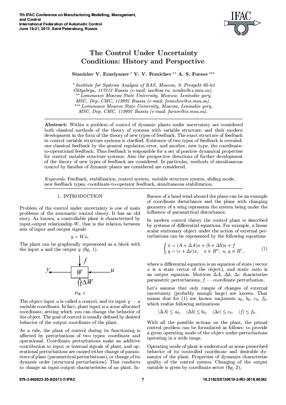 عکس صفحه اول مقاله: The Control Under Uncertainty Conditions: History and Perspective The Control Under Uncertainty Conditions: History and Perspective