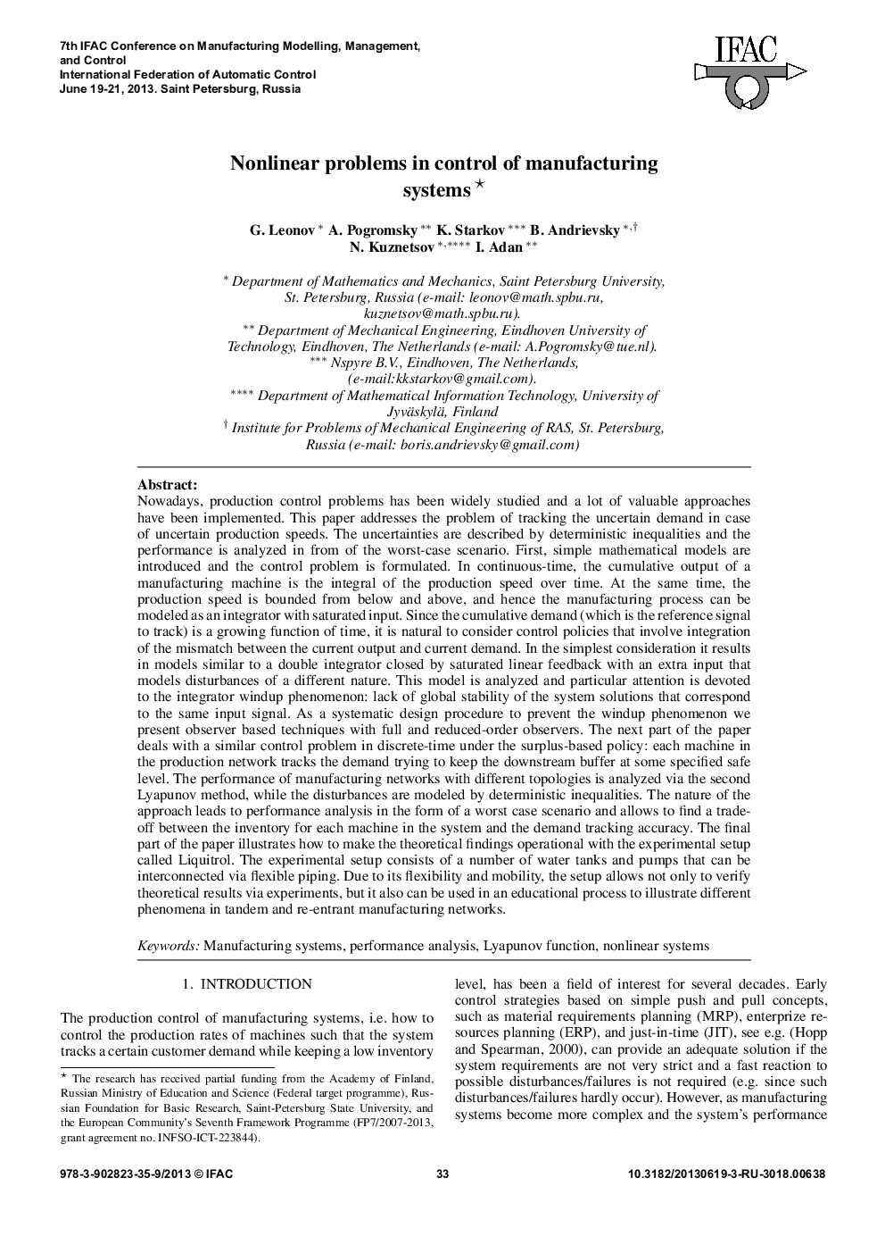 عکس صفحه اول مقاله: Nonlinear problems in control of manufacturing systems Nonlinear problems in control of manufacturing systems