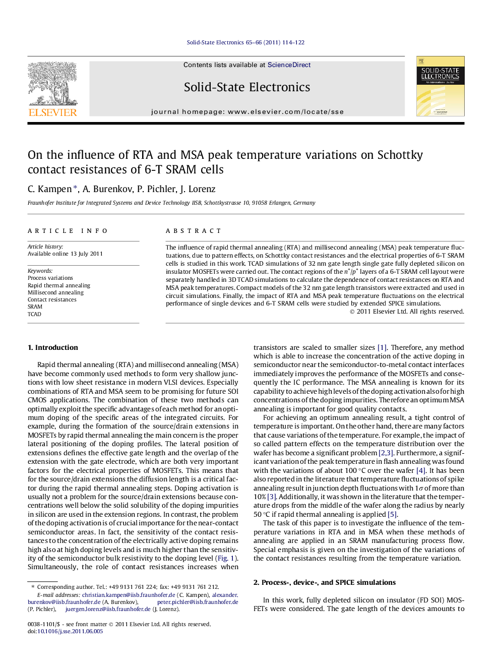 On the influence of RTA and MSA peak temperature variations on Schottky contact resistances of 6-T SRAM cells