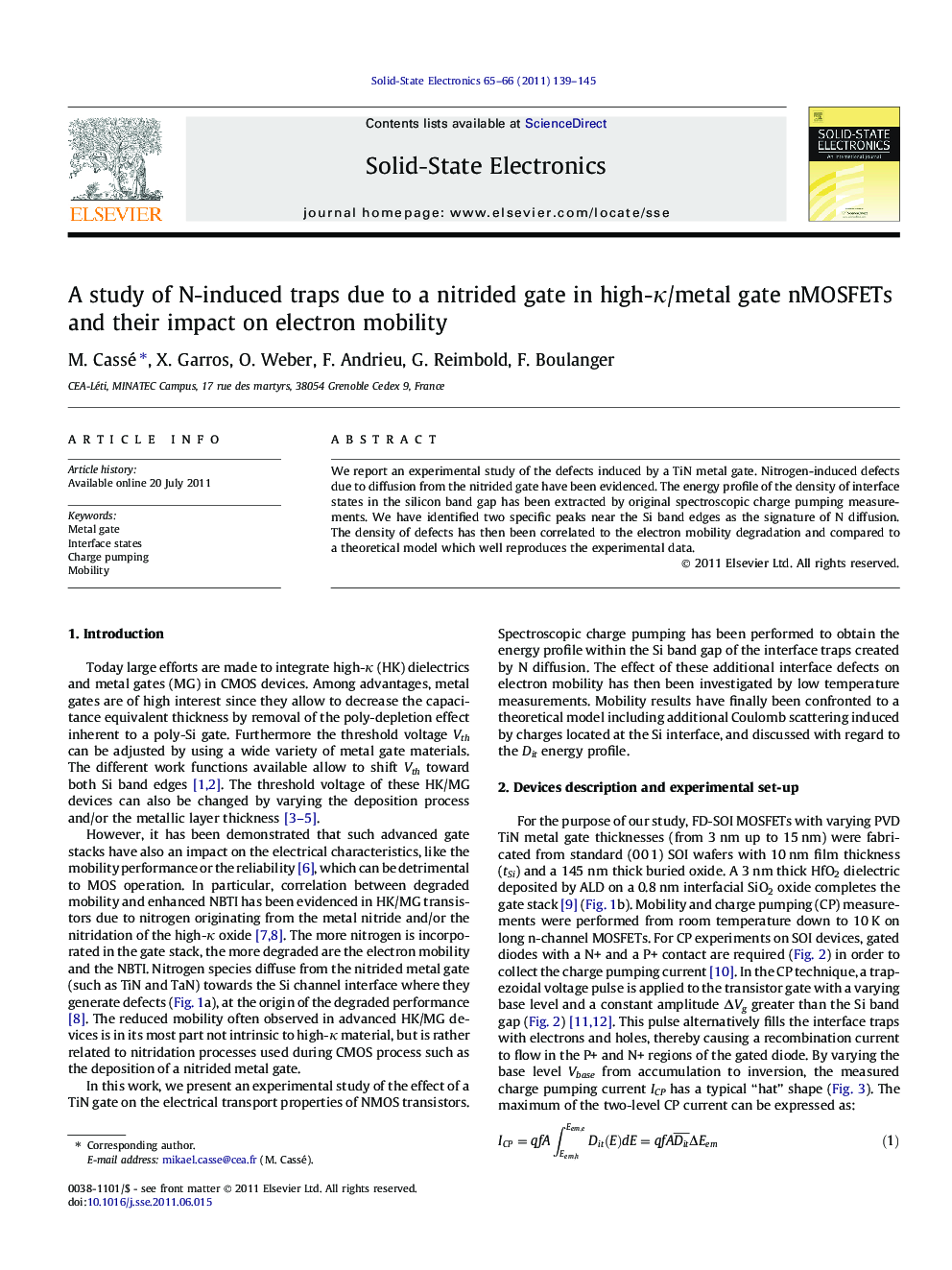 A study of N-induced traps due to a nitrided gate in high-Îº/metal gate nMOSFETs and their impact on electron mobility