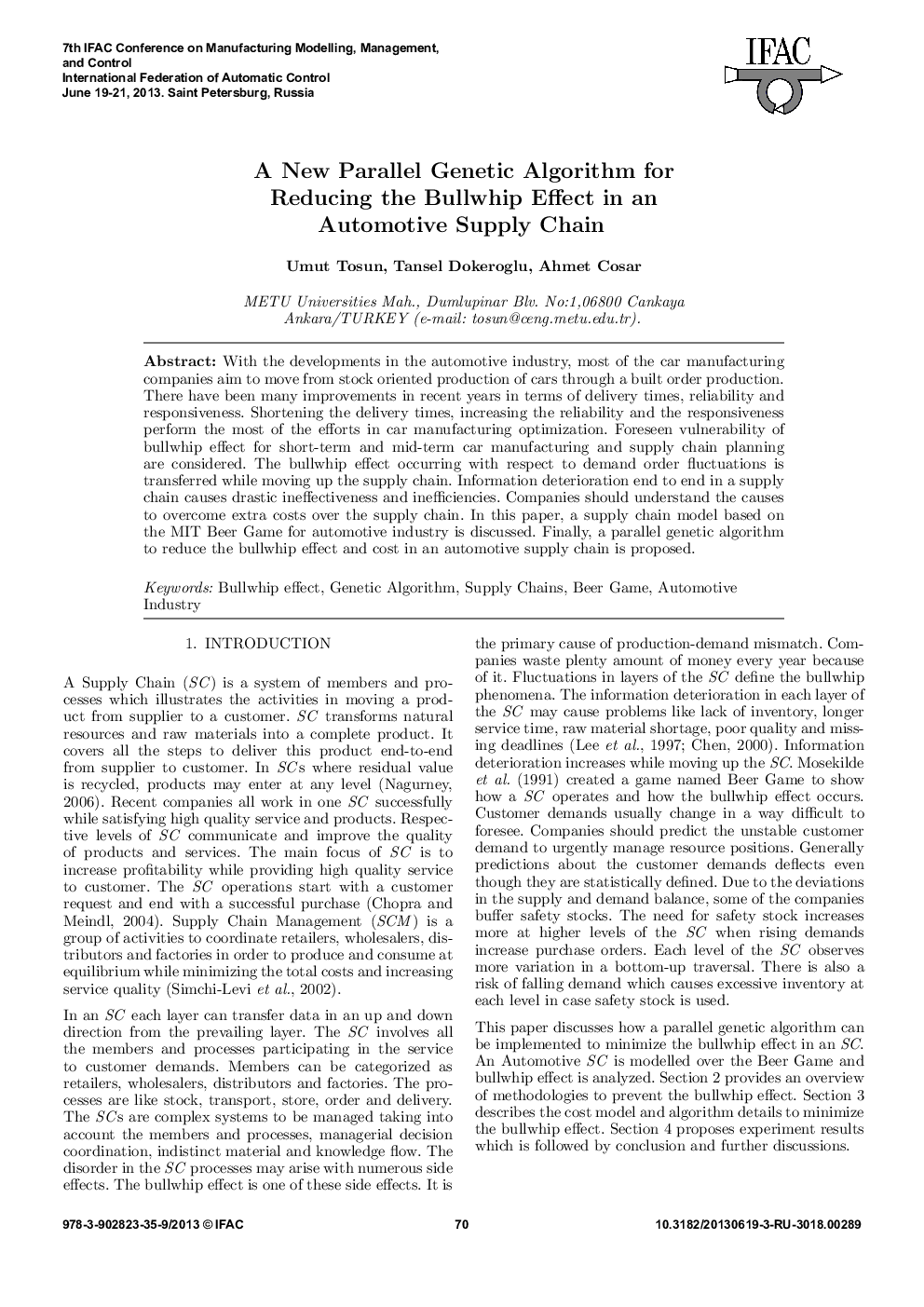 عکس صفحه اول مقاله: A New Parallel Genetic Algorithm for Reducing the Bullwhip Effect in an Automotive Supply Chain A New Parallel Genetic Algorithm for Reducing the Bullwhip Effect in an Automotive Supply Chain