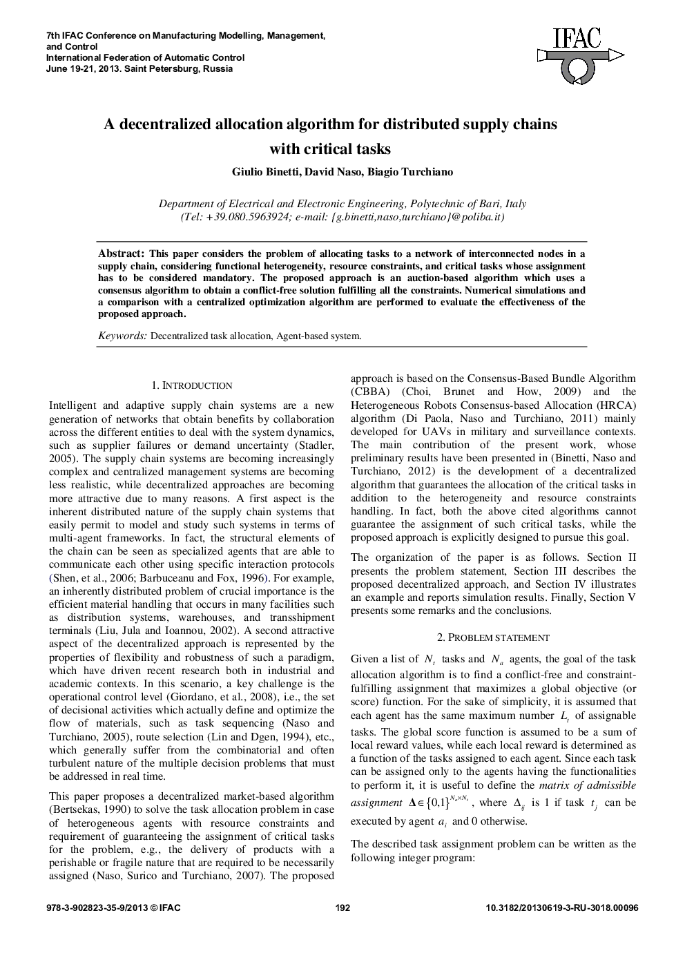 A decentralized allocation algorithm for distributed supply chains with critical tasks