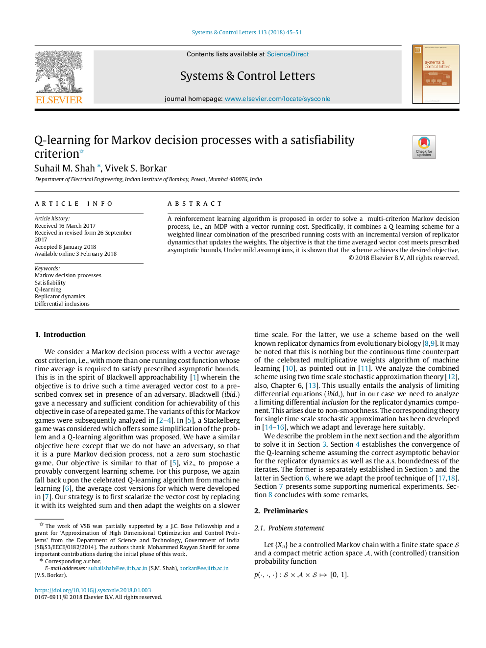 Q-learning for Markov decision processes with a satisfiability criterion