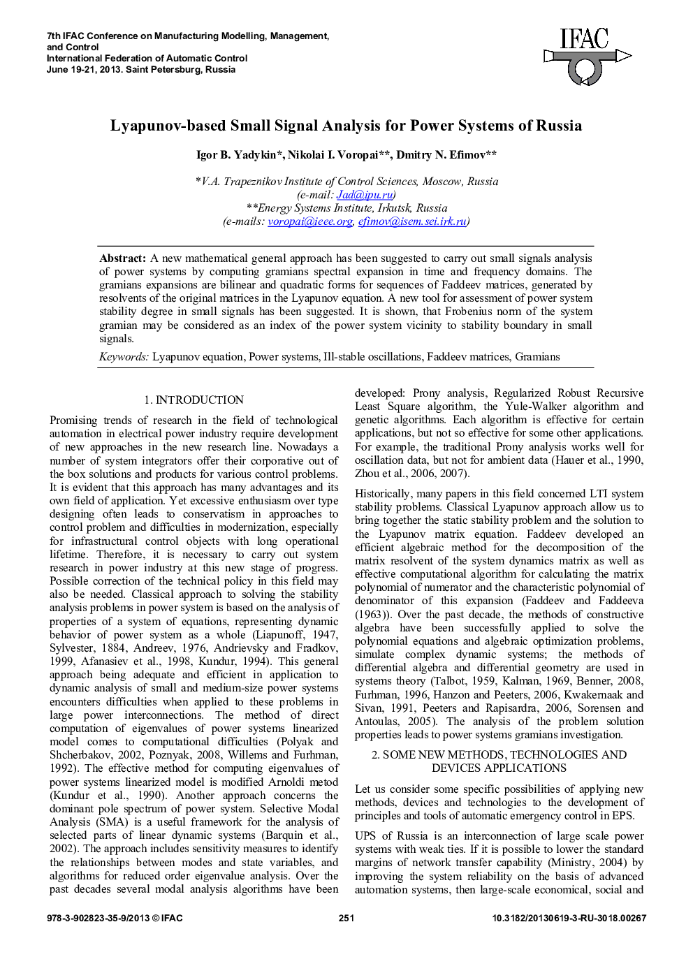 Lyapunov-based Small Signal Analysis for Power Systems of Russia