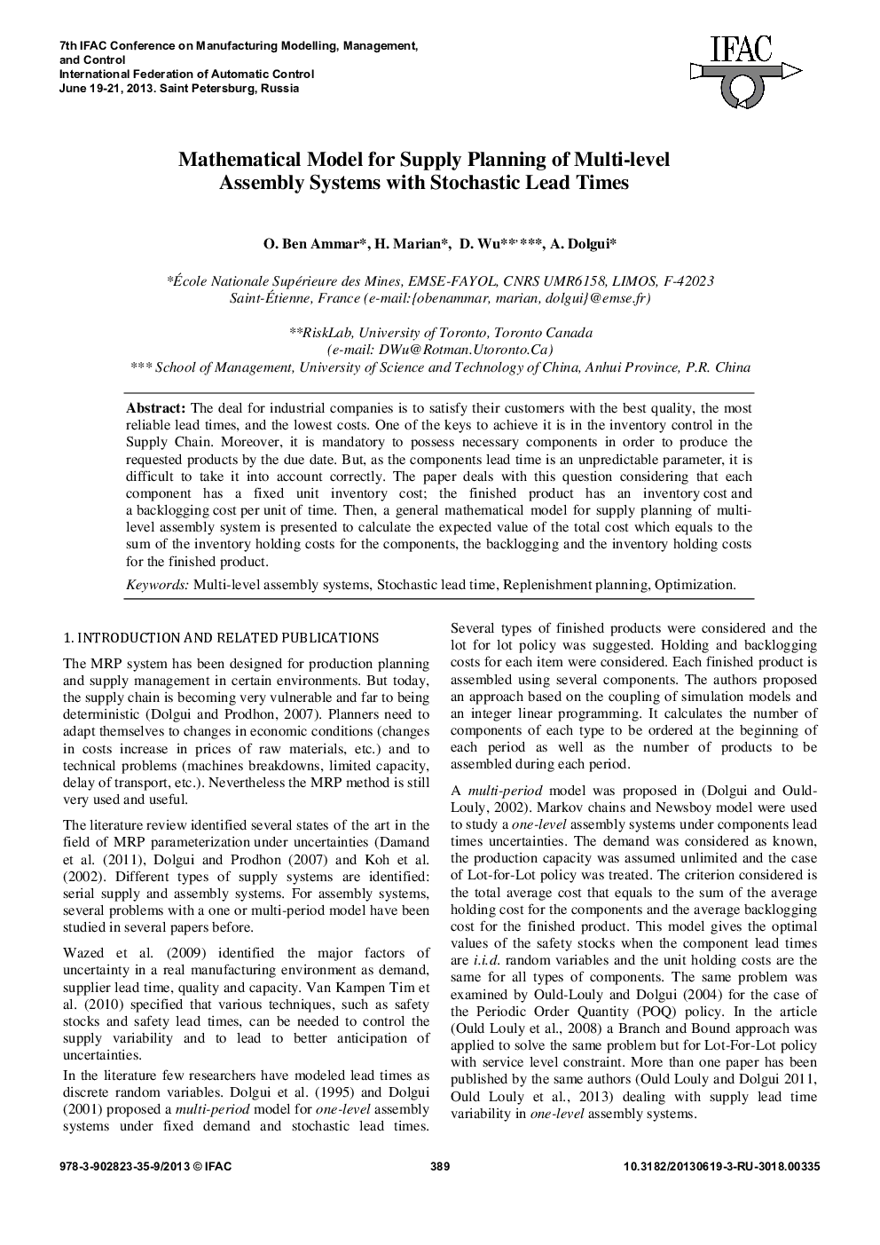 Mathematical Model for Supply Planning of Multi-level Assembly Systems with Stochastic Lead Times