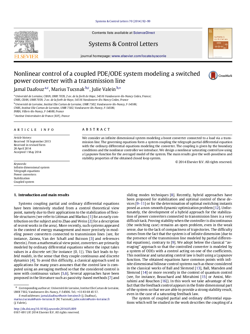 Nonlinear control of a coupled PDE/ODE system modeling a switched power converter with a transmission line