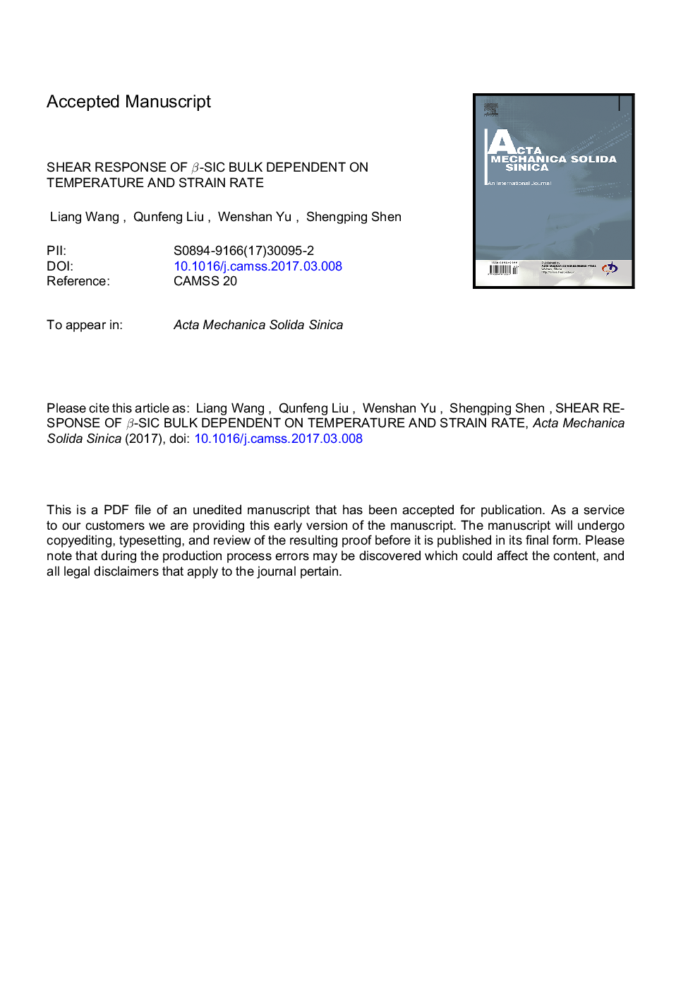 Shear response of Î²-SiC bulk dependent on temperature and strain rate