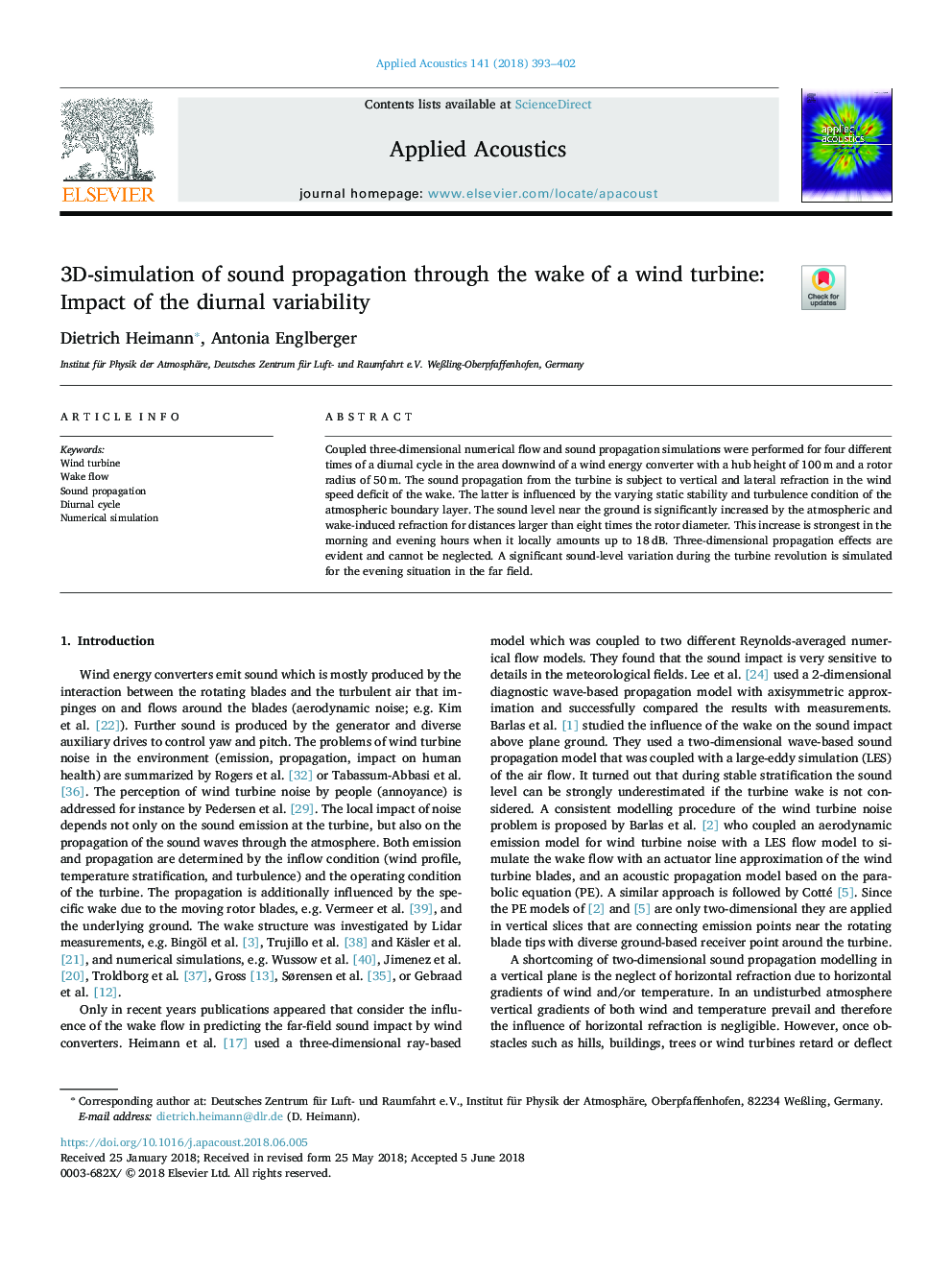 3D-simulation of sound propagation through the wake of a wind turbine: Impact of the diurnal variability