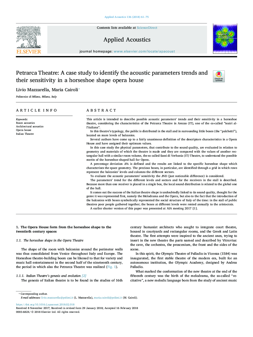 Petrarca Theatre: A case study to identify the acoustic parameters trends and their sensitivity in a horseshoe shape opera house