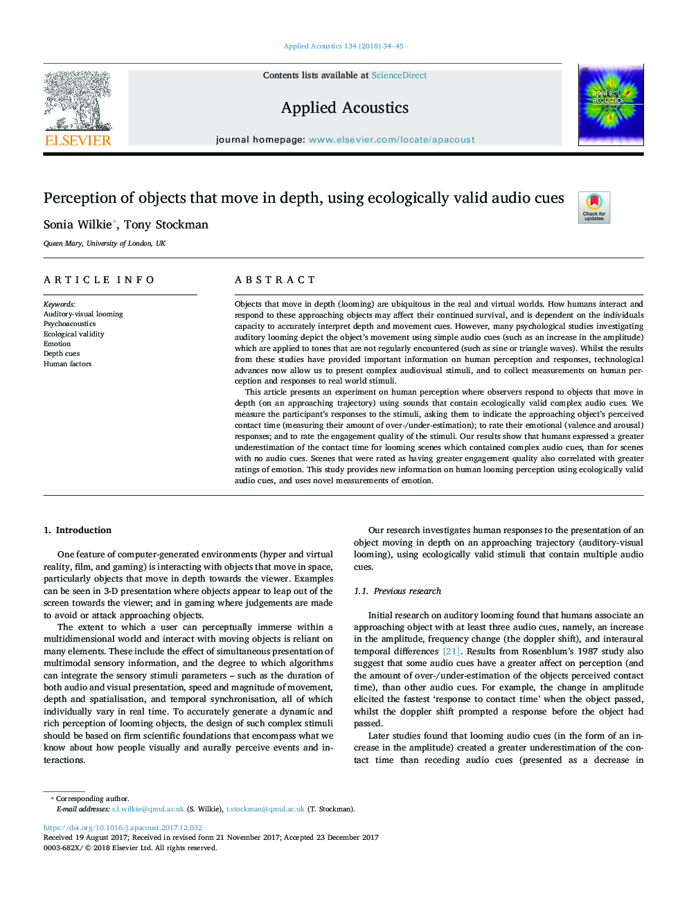 Perception of objects that move in depth, using ecologically valid audio cues