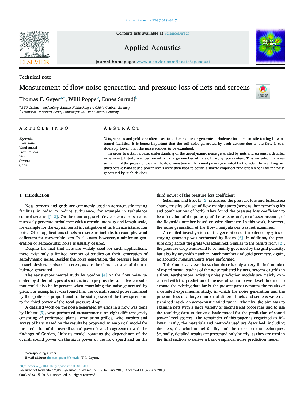 Measurement of flow noise generation and pressure loss of nets and screens