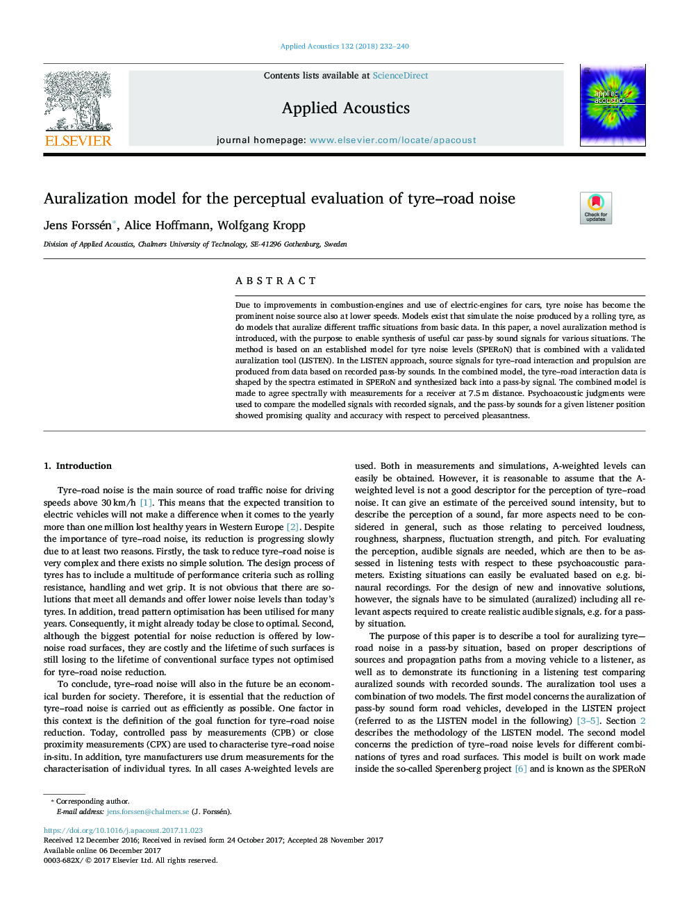 Auralization model for the perceptual evaluation of tyre-road noise