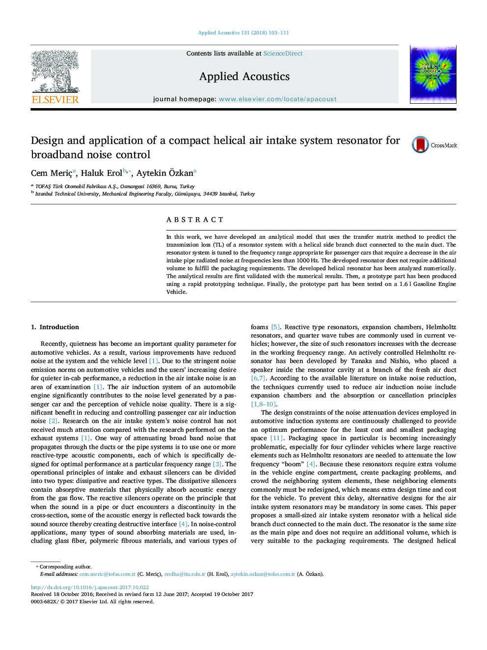 Design and application of a compact helical air intake system resonator for broadband noise control