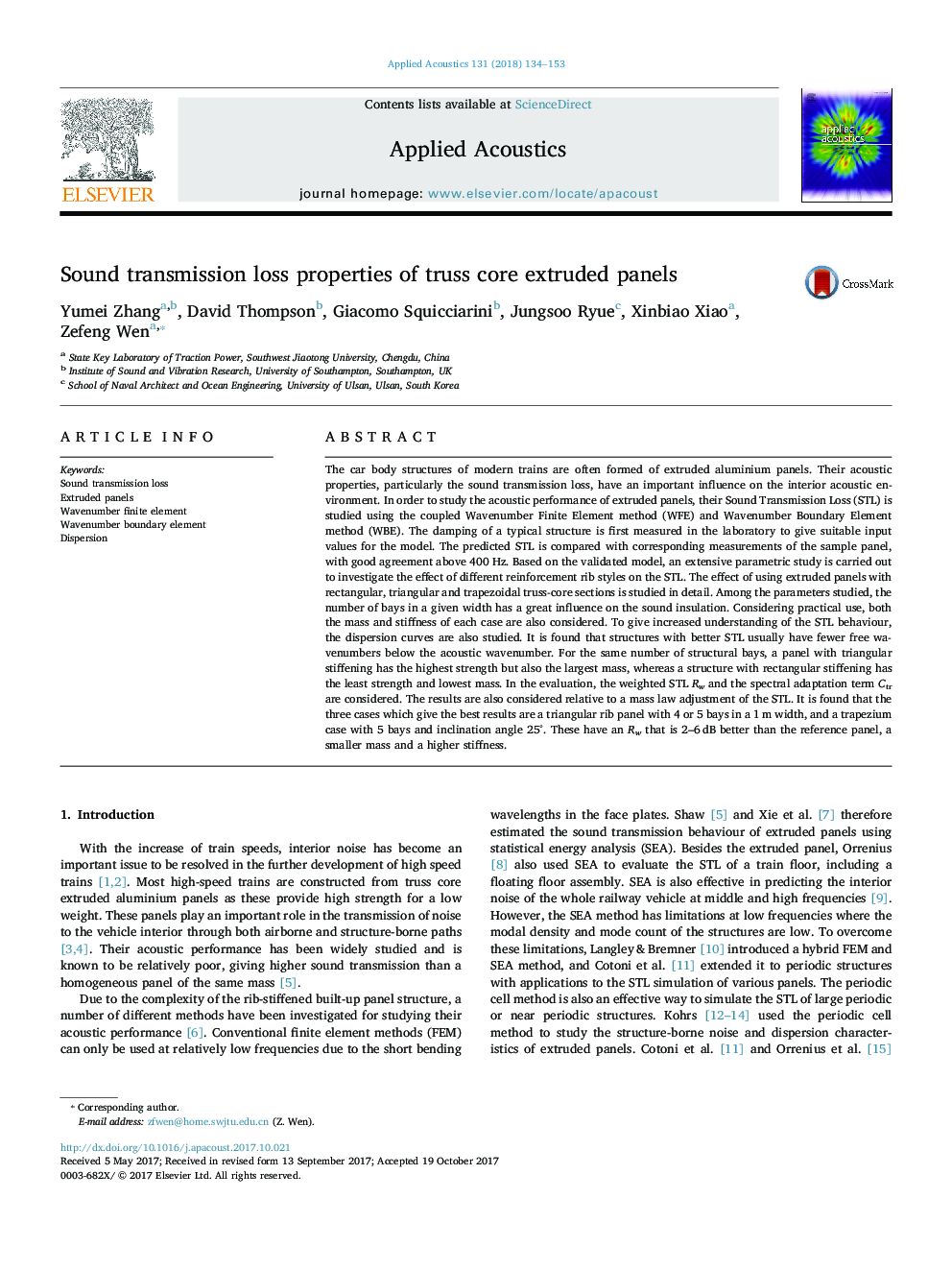 Sound transmission loss properties of truss core extruded panels