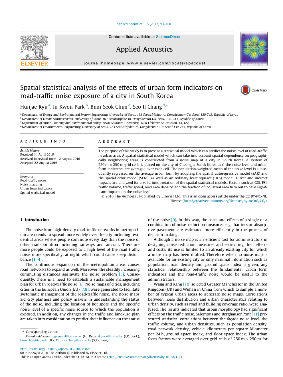 Spatial statistical analysis of the effects of urban form indicators on road-traffic noise exposure of a city in South Korea