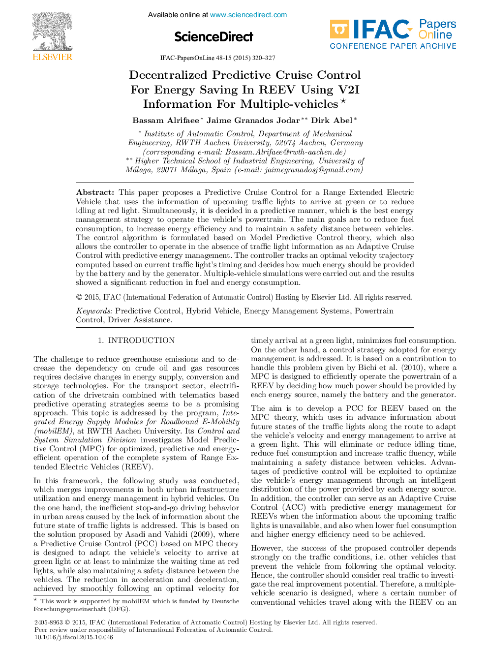 Decentralized Predictive Cruise Control For Energy Saving In REEV Using V2I Information For Multiple-vehicles∗