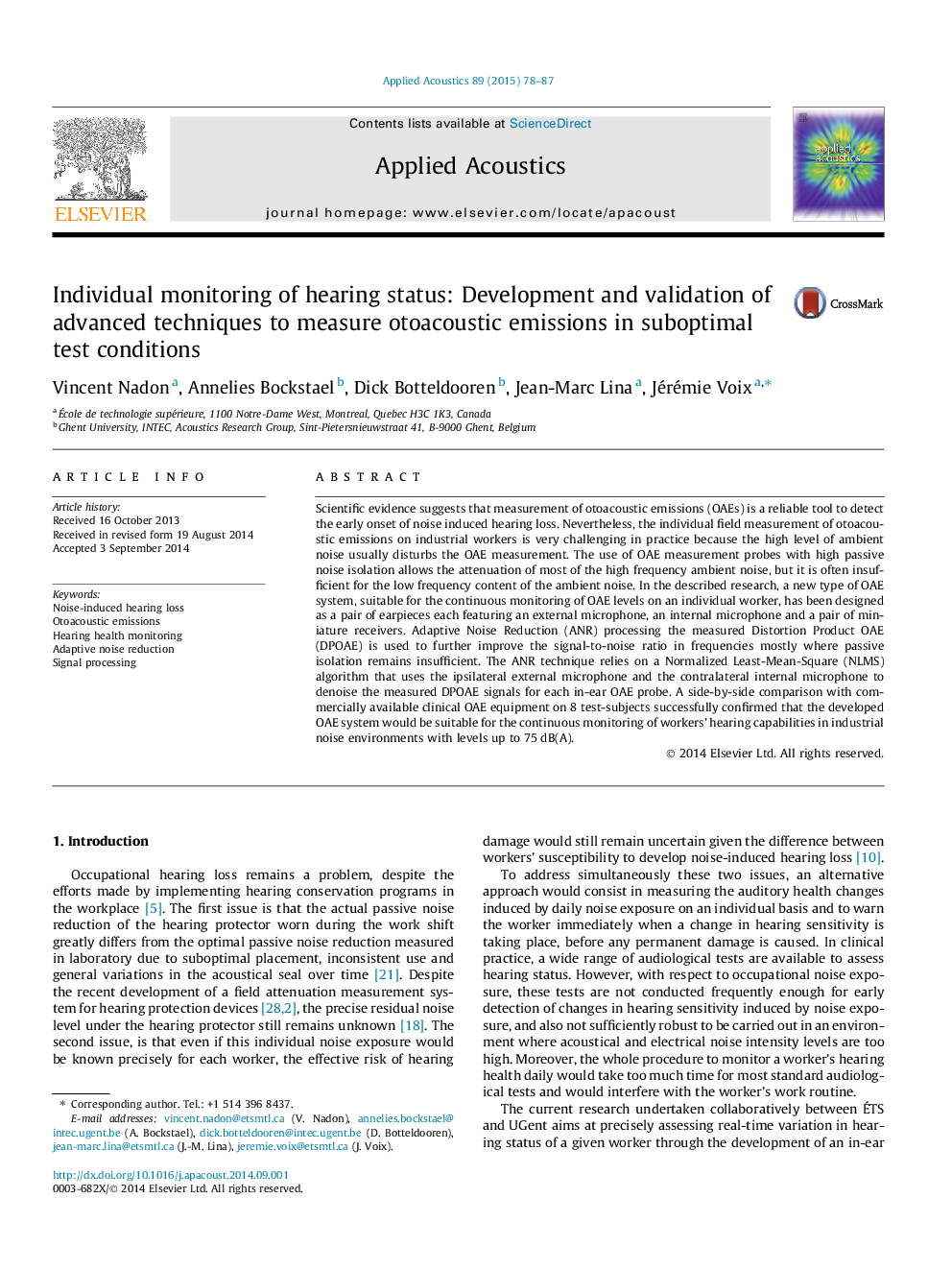 Individual monitoring of hearing status: Development and validation of advanced techniques to measure otoacoustic emissions in suboptimal test conditions