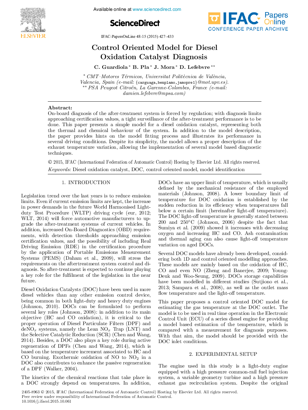 Control Oriented Model for Diesel Oxidation Catalyst Diagnosis