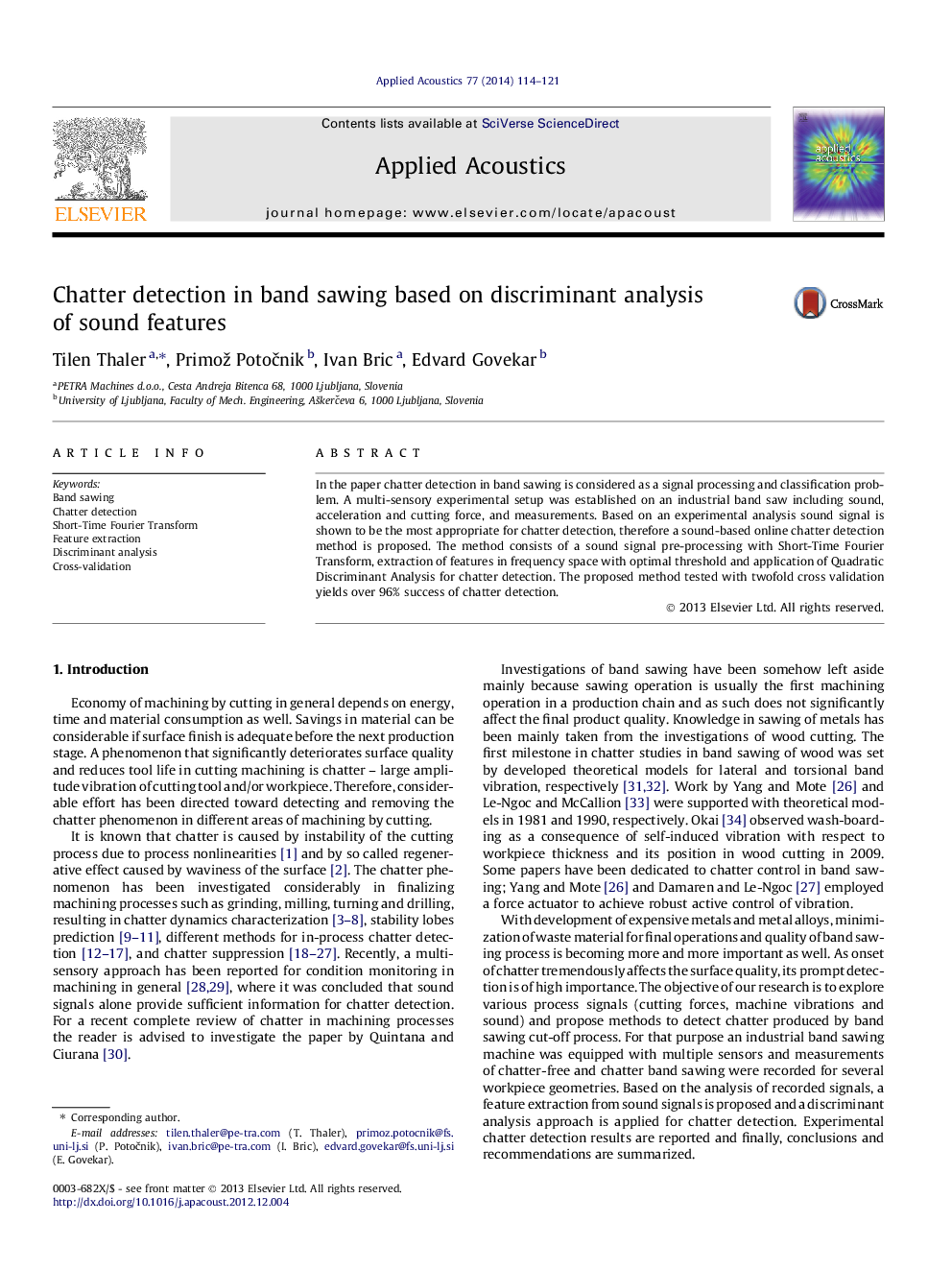 Chatter detection in band sawing based on discriminant analysis of sound features