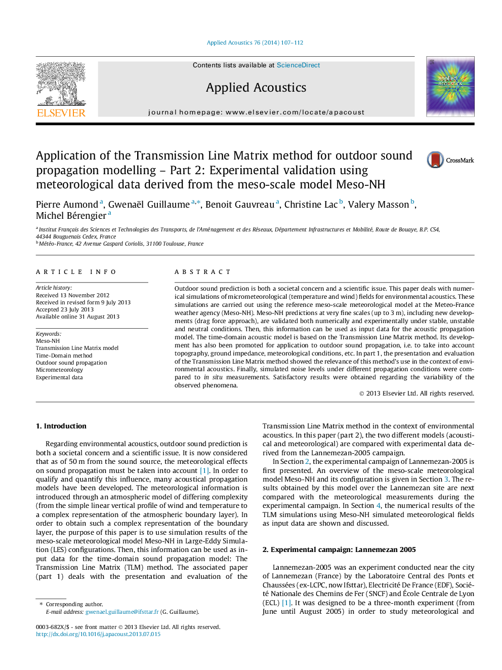 Application of the Transmission Line Matrix method for outdoor sound propagation modelling - Part 2: Experimental validation using meteorological data derived from the meso-scale model Meso-NH