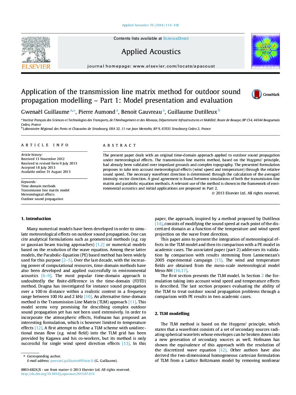 Application of the transmission line matrix method for outdoor sound propagation modelling - Part 1: Model presentation and evaluation