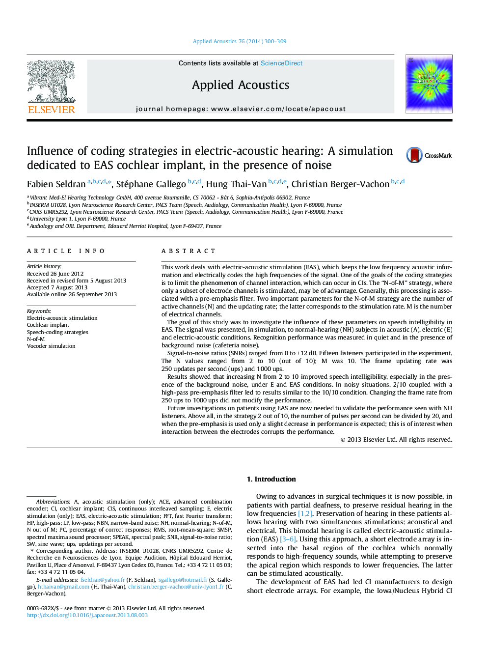 Influence of coding strategies in electric-acoustic hearing: A simulation dedicated to EAS cochlear implant, in the presence of noise