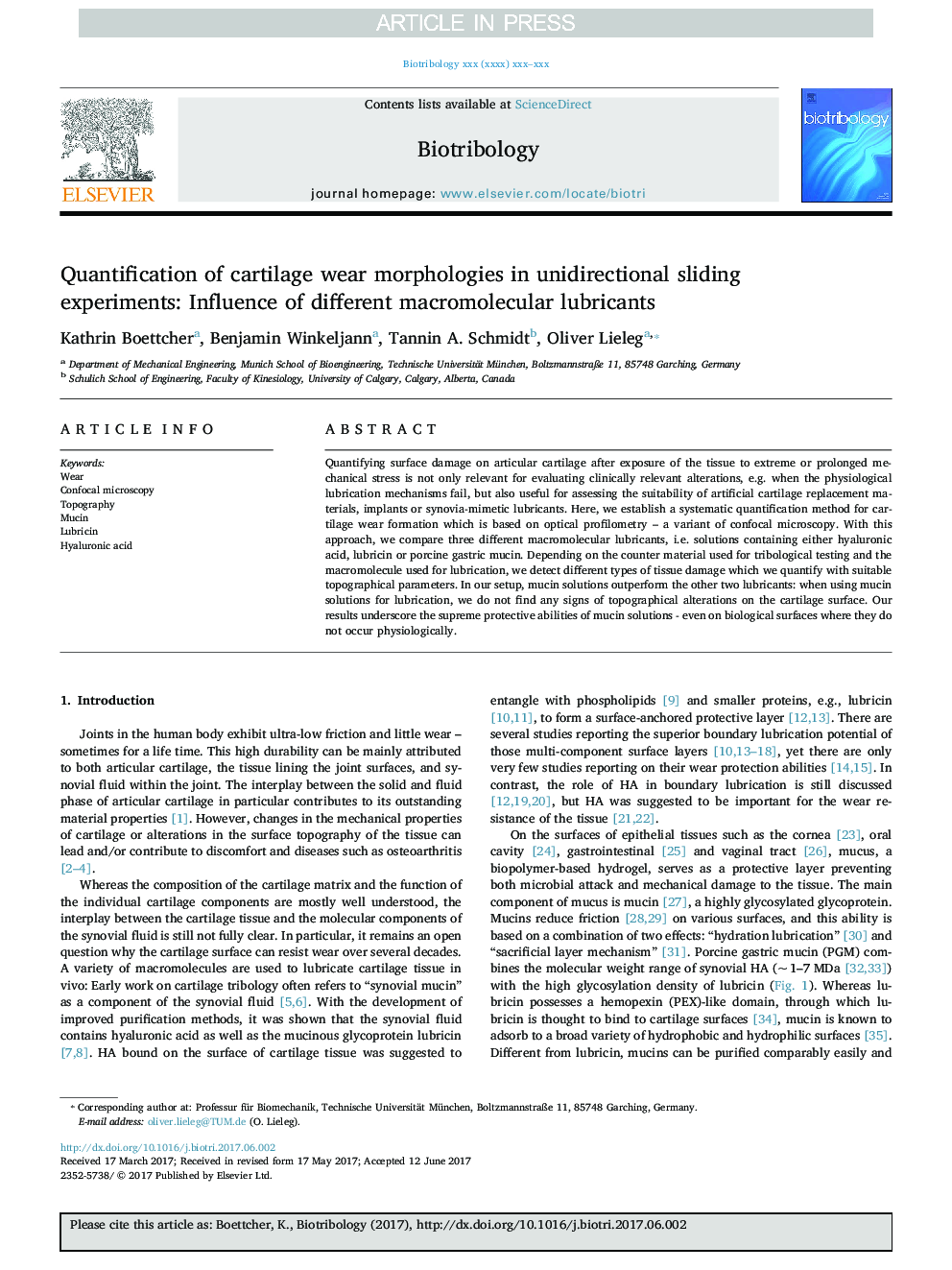 Quantification of cartilage wear morphologies in unidirectional sliding experiments: Influence of different macromolecular lubricants