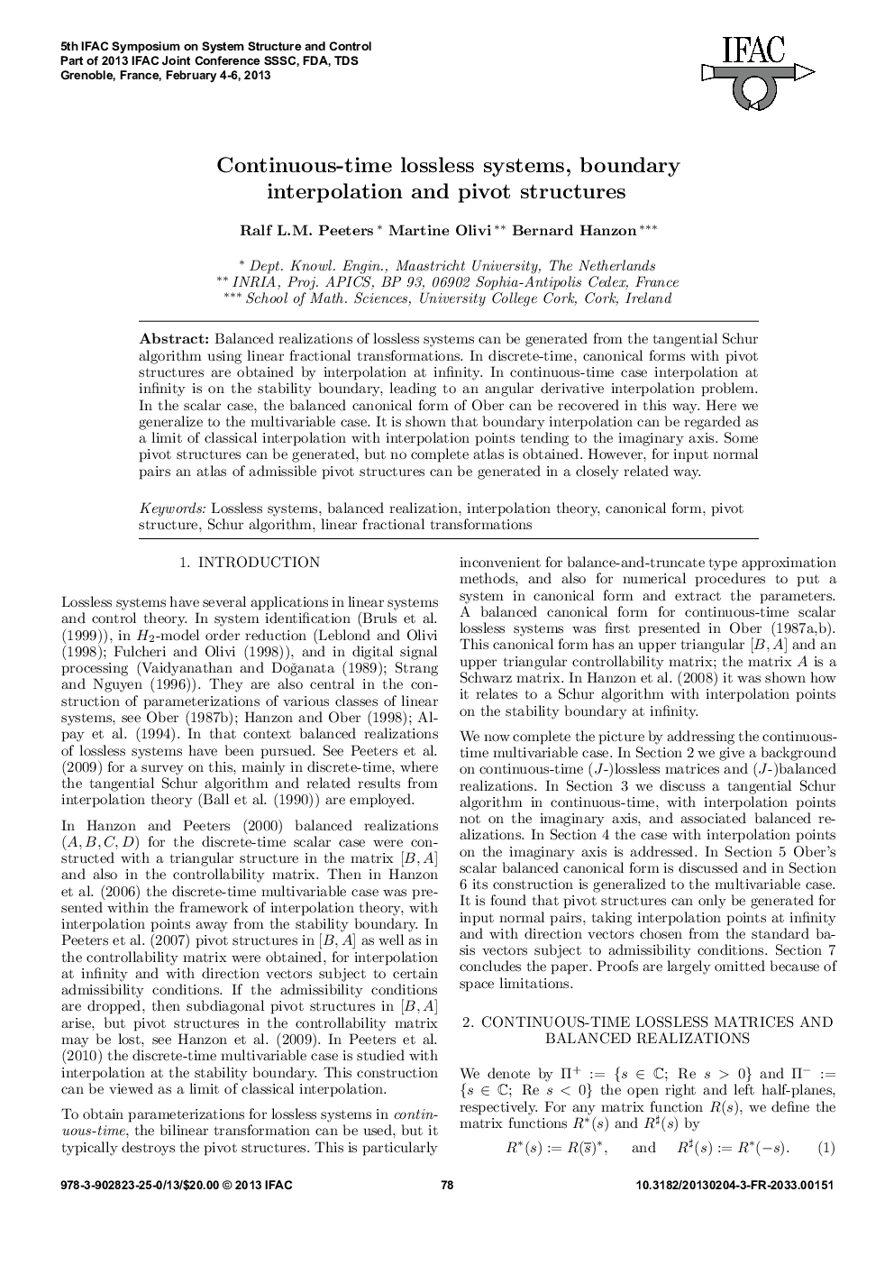 Continuous-time lossless systems, boundary interpolation and pivot structures