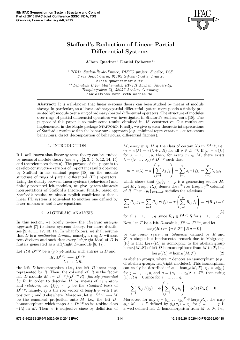 Stafford's Reduction of Linear Partial Differential Systems