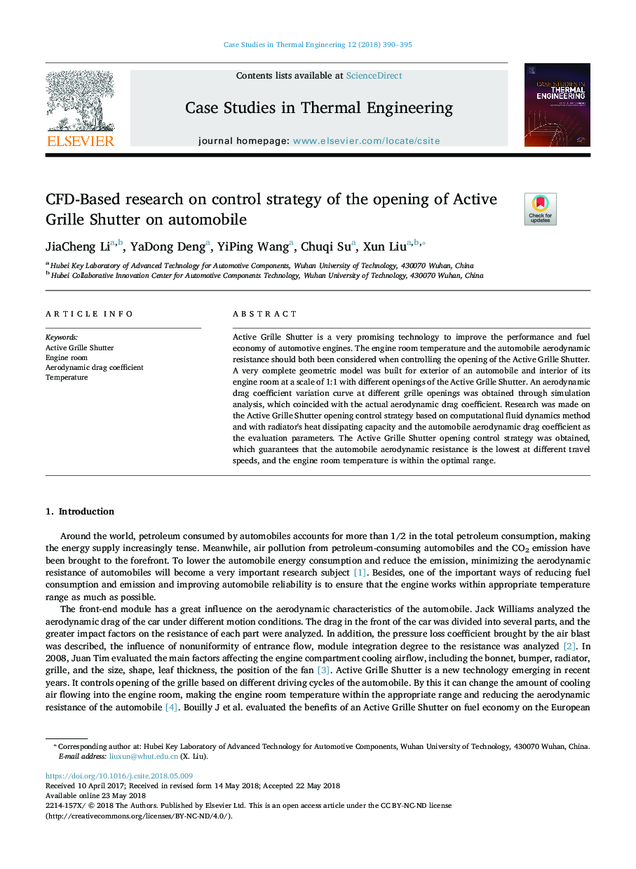 CFD-Based research on control strategy of the opening of Active Grille Shutter on automobile