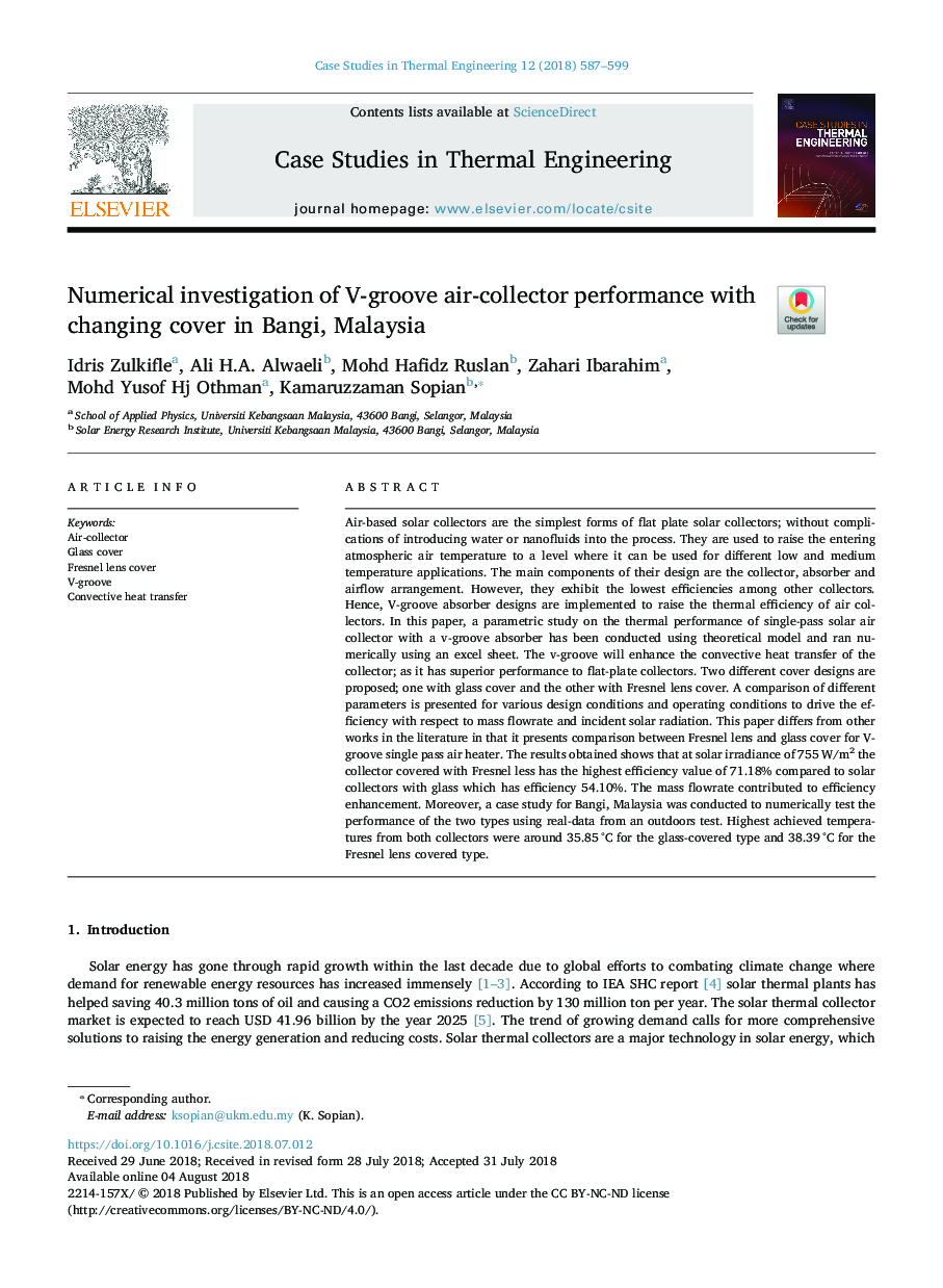 Numerical investigation of V-groove air-collector performance with changing cover in Bangi, Malaysia