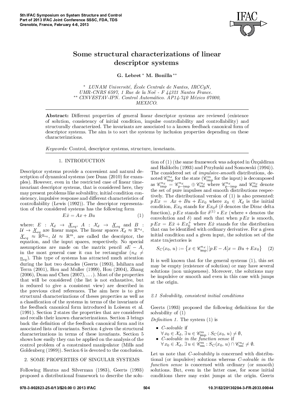 عکس صفحه اول مقاله: Some structural characterizations of linear descriptor systems Some structural characterizations of linear descriptor systems