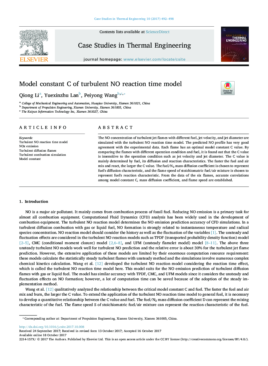 Model constant C of turbulent NO reaction time model