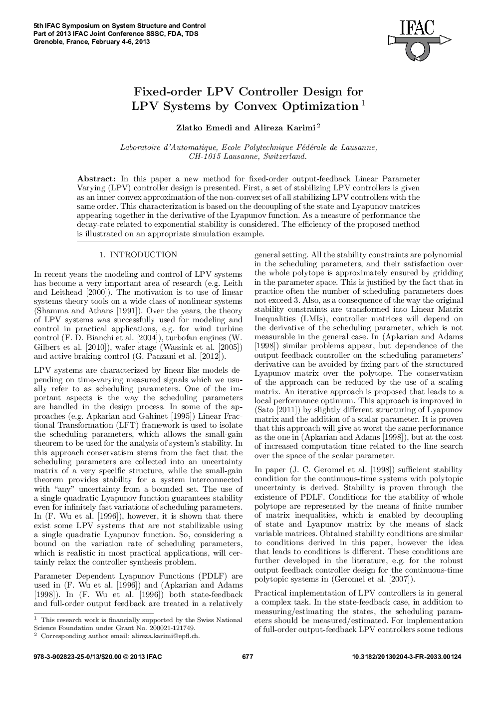 Fixed-order LPV Controller Design for LPV Systems by Convex Optimization1 