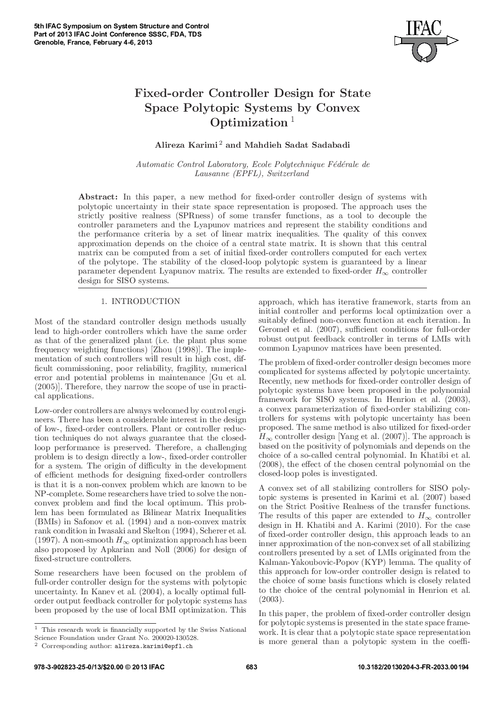 Fixed-order Controller Design for State Space Polytopic Systems by Convex Optimization1 