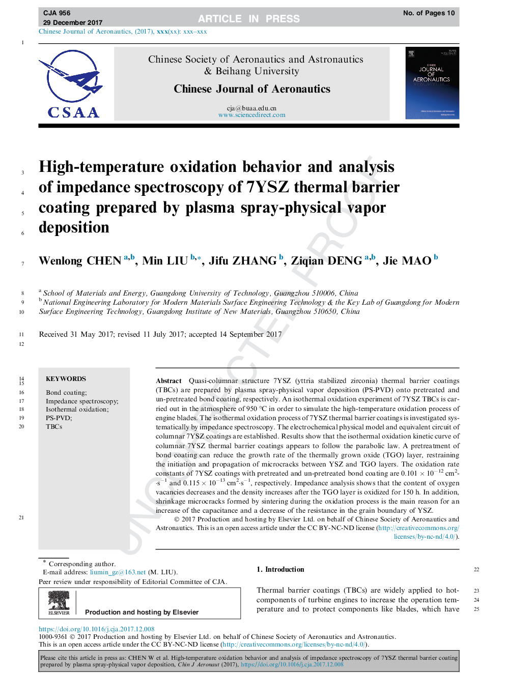 High-temperature oxidation behavior and analysis of impedance spectroscopy of 7YSZ thermal barrier coating prepared by plasma spray-physical vapor deposition