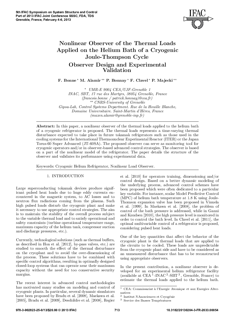 عکس صفحه اول مقاله: Nonlinear Observer of the Thermal Loads Applied on the Helium Bath of a Cryogenic Joule-Thompson Cycle Observer Design and Experimental Validation Nonlinear Observer of the Thermal Loads Applied on the Helium Bath of a Cryogenic Joule-Thompson Cycle Observer Design and Experimental Validation