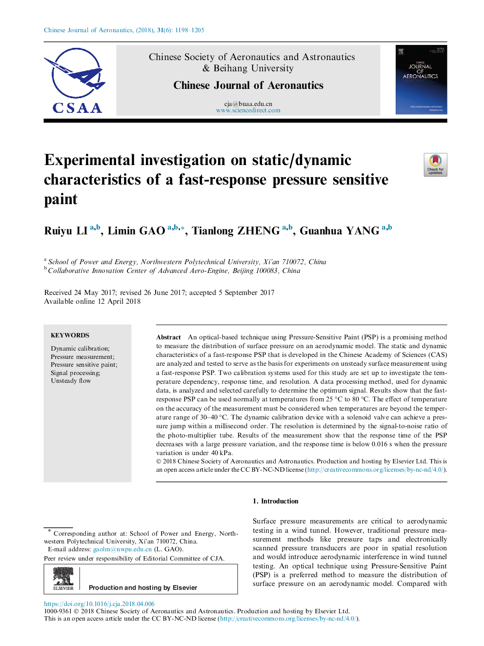 Experimental investigation on static/dynamic characteristics of a fast-response pressure sensitive paint