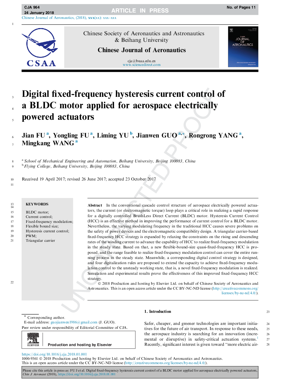 Digital fixed-frequency hysteresis current control of a BLDC motor applied for aerospace electrically powered actuators