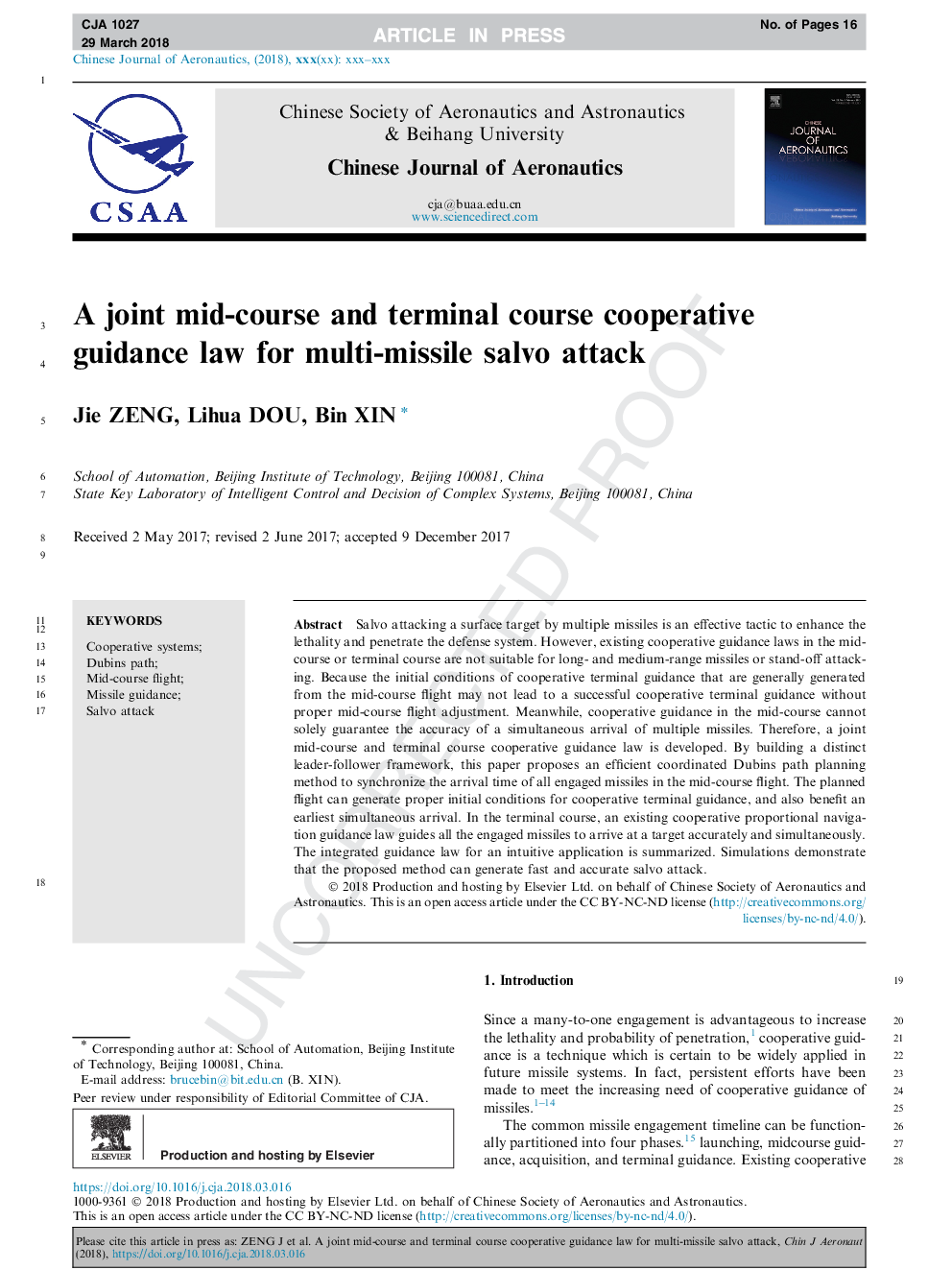 A joint mid-course and terminal course cooperative guidance law for multi-missile salvo attack