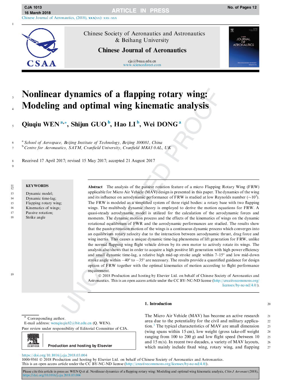 Nonlinear dynamics of a flapping rotary wing: Modeling and optimal wing kinematic analysis